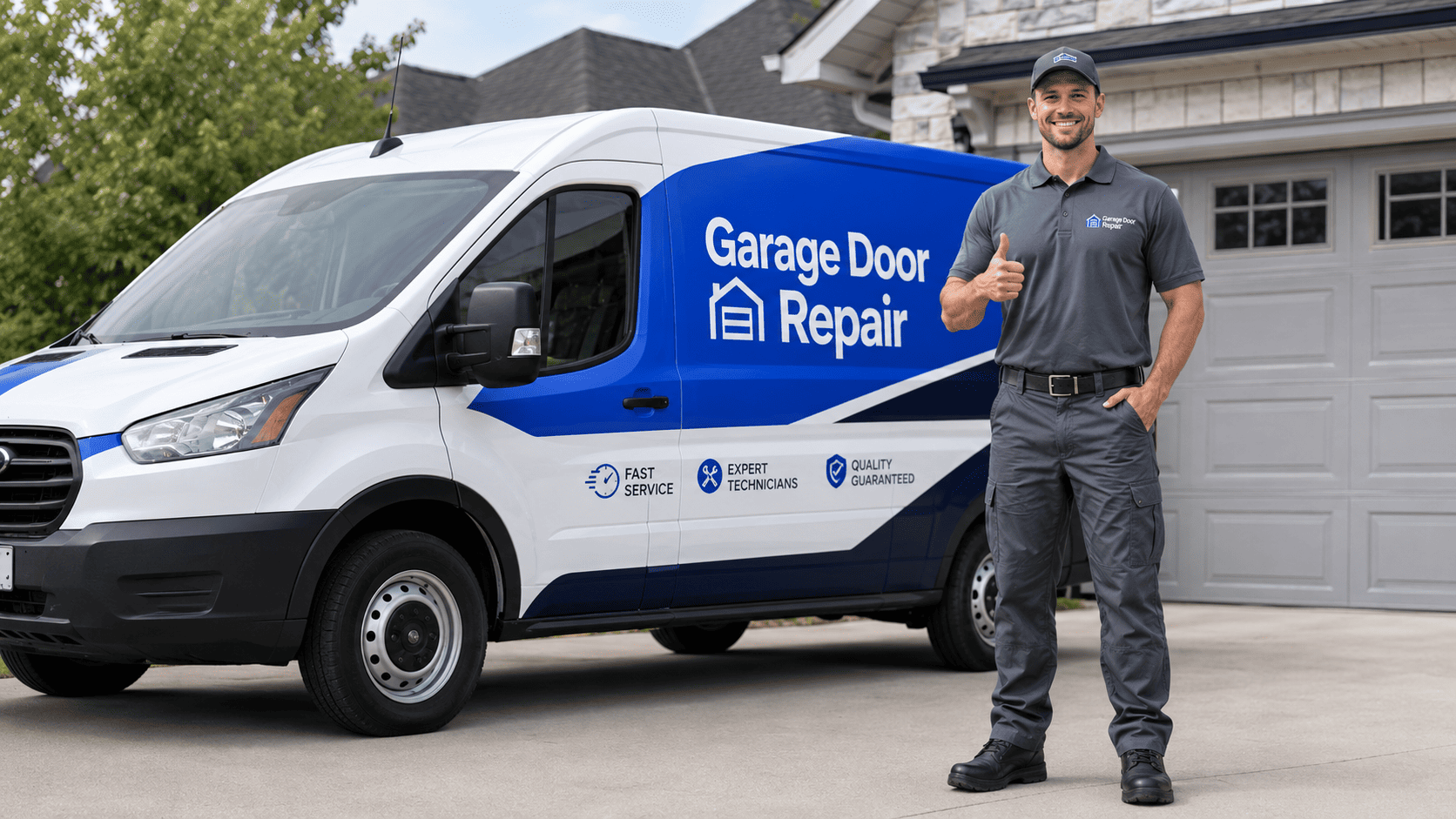 Professional garage door repair service van and technician